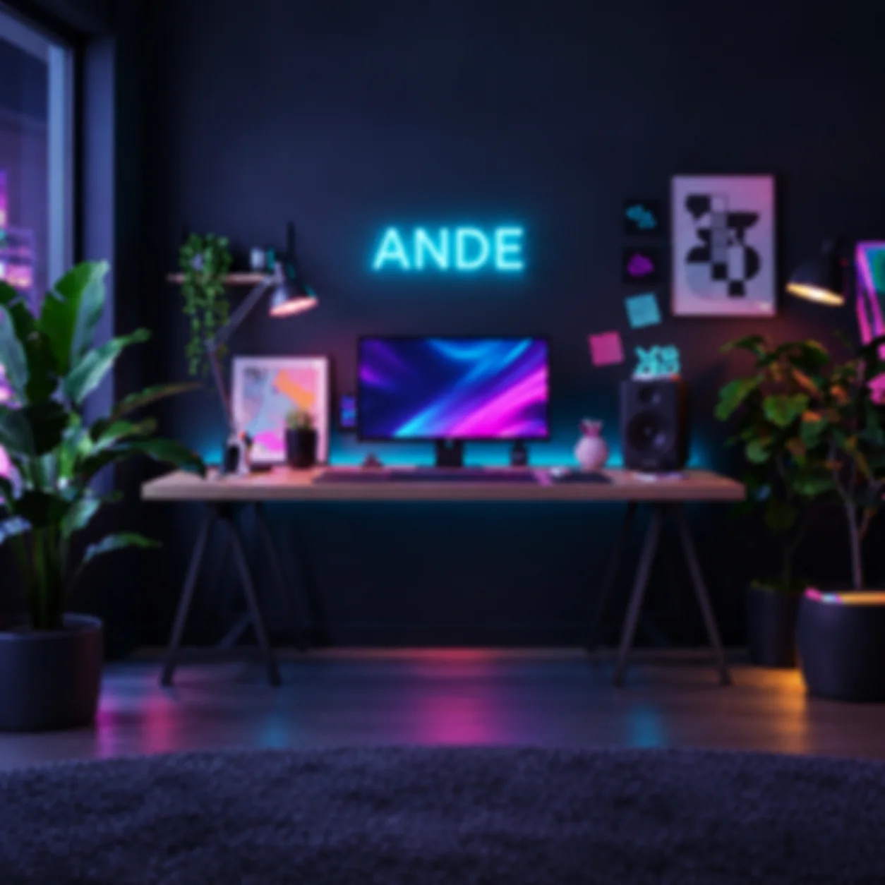Studio kreatif dengan neon ANDE